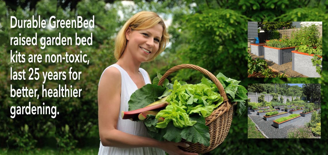 Woman holding garden harvest from garden bed with Durable Green Bed products